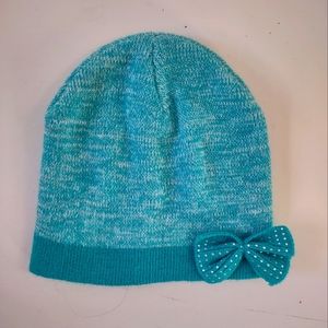 Girls teal blue winter hat with rhinestone bow